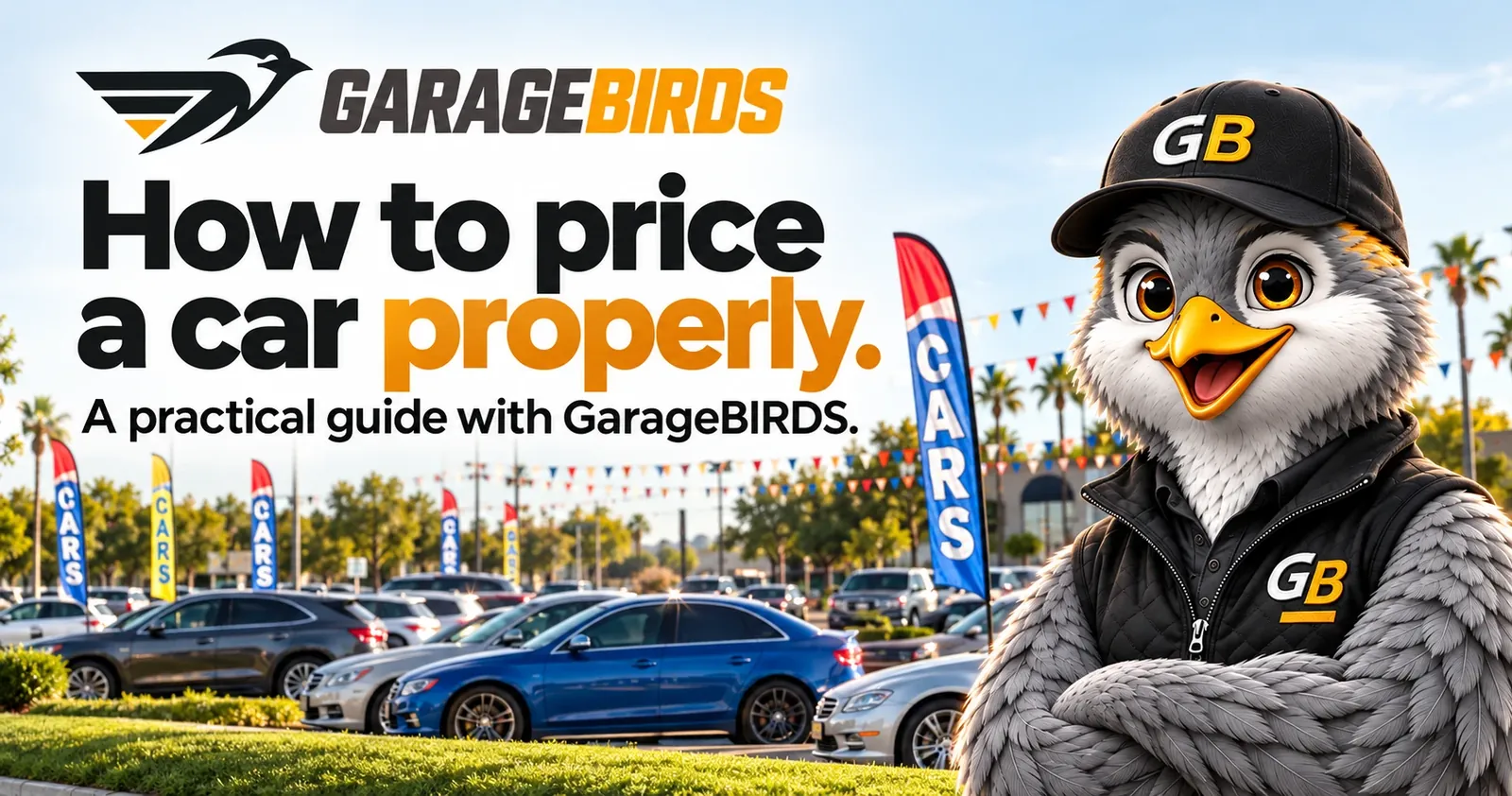 How to price a car properly — a practical guide with GARAGEBIRDS. The GARAGEBIRDS bird mascot, in a GB cap and vest, stands arms crossed on a sunny used-car lot lined with “Cars” flags.
